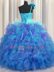 Sexy One Shoulder Handcrafted Flower Multi-color Ball Gowns Beading and Ruffles and Hand Made Flower Vestidos de Quinceanera Lace Up Tulle Sleeveless Floor Length