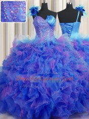 One Shoulder Handcrafted Flower Sleeveless Floor Length Beading and Ruffles and Hand Made Flower Lace Up Sweet 16 Quinceanera Dress with Multi-color