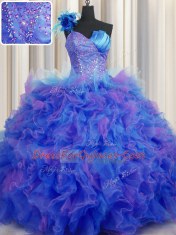 One Shoulder Handcrafted Flower Sleeveless Floor Length Beading and Ruffles and Hand Made Flower Lace Up Sweet 16 Quinceanera Dress with Multi-color