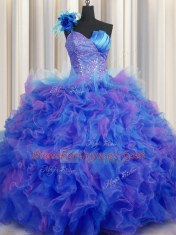 One Shoulder Handcrafted Flower Sleeveless Floor Length Beading and Ruffles and Hand Made Flower Lace Up Sweet 16 Quinceanera Dress with Multi-color