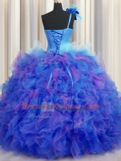 One Shoulder Handcrafted Flower Sleeveless Floor Length Beading and Ruffles and Hand Made Flower Lace Up Sweet 16 Quinceanera Dress with Multi-color