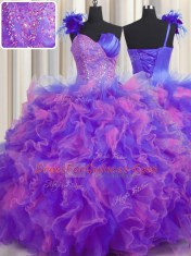 Classical Handcrafted Flower One Shoulder Sleeveless Tulle Sweet 16 Dresses Beading and Ruffles and Hand Made Flower Lace Up