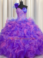Classical Handcrafted Flower One Shoulder Sleeveless Tulle Sweet 16 Dresses Beading and Ruffles and Hand Made Flower Lace Up