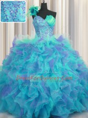 Discount One Shoulder Handcrafted Flower Beading and Ruffles and Hand Made Flower Ball Gown Prom Dress Multi-color Lace Up Sleeveless Floor Length