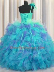 Discount One Shoulder Handcrafted Flower Beading and Ruffles and Hand Made Flower Ball Gown Prom Dress Multi-color Lace Up Sleeveless Floor Length