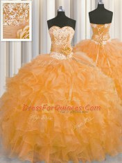 Glittering Handcrafted Flower Orange Ball Gowns Sweetheart Sleeveless Organza Floor Length Lace Up Beading and Ruffles and Hand Made Flower Quinceanera Gowns