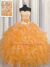 Glittering Handcrafted Flower Orange Ball Gowns Sweetheart Sleeveless Organza Floor Length Lace Up Beading and Ruffles and Hand Made Flower Quinceanera Gowns