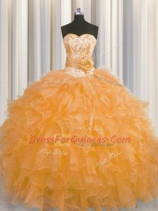 Glittering Handcrafted Flower Orange Ball Gowns Sweetheart Sleeveless Organza Floor Length Lace Up Beading and Ruffles and Hand Made Flower Quinceanera Gowns