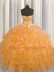 Glittering Handcrafted Flower Orange Ball Gowns Sweetheart Sleeveless Organza Floor Length Lace Up Beading and Ruffles and Hand Made Flower Quinceanera Gowns