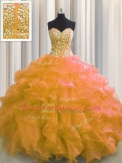 Exceptional Visible Boning Orange Ball Gowns Beading and Ruffles Vestidos de Quinceanera Lace Up Organza Sleeveless Floor Length