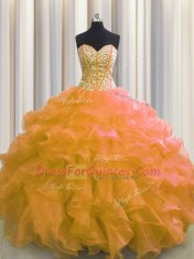 Exceptional Visible Boning Orange Ball Gowns Beading and Ruffles Vestidos de Quinceanera Lace Up Organza Sleeveless Floor Length