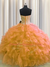 Exceptional Visible Boning Orange Ball Gowns Beading and Ruffles Vestidos de Quinceanera Lace Up Organza Sleeveless Floor Length