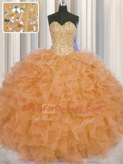 Visible Boning Orange Ball Gowns Organza Sweetheart Sleeveless Beading and Ruffles and Sashes ribbons Floor Length Lace Up Ball Gown Prom Dress
