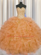 Visible Boning Orange Ball Gowns Organza Sweetheart Sleeveless Beading and Ruffles and Sashes ribbons Floor Length Lace Up Ball Gown Prom Dress