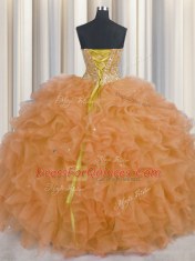 Visible Boning Orange Ball Gowns Organza Sweetheart Sleeveless Beading and Ruffles and Sashes ribbons Floor Length Lace Up Ball Gown Prom Dress