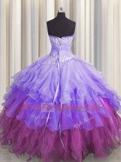 Glittering Multi-color Lace Up Sweetheart Beading and Ruffles and Ruffled Layers and Sequins 15 Quinceanera Dress Organza Sleeveless