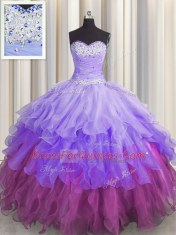 Glittering Multi-color Lace Up Sweetheart Beading and Ruffles and Ruffled Layers and Sequins 15 Quinceanera Dress Organza Sleeveless