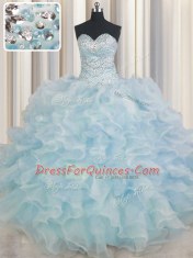 Light Blue Lace Up 15 Quinceanera Dress Beading and Ruffles Sleeveless Floor Length