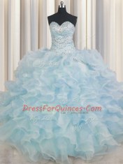 Light Blue Lace Up 15 Quinceanera Dress Beading and Ruffles Sleeveless Floor Length