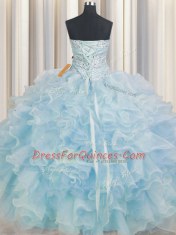 Light Blue Lace Up 15 Quinceanera Dress Beading and Ruffles Sleeveless Floor Length