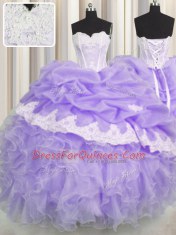 Fantastic Beading and Appliques and Ruffles and Pick Ups 15th Birthday Dress Lavender Lace Up Sleeveless Floor Length