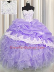 Fantastic Beading and Appliques and Ruffles and Pick Ups 15th Birthday Dress Lavender Lace Up Sleeveless Floor Length