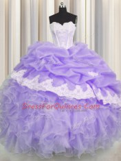 Fantastic Beading and Appliques and Ruffles and Pick Ups 15th Birthday Dress Lavender Lace Up Sleeveless Floor Length