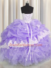 Fantastic Beading and Appliques and Ruffles and Pick Ups 15th Birthday Dress Lavender Lace Up Sleeveless Floor Length