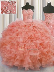Floor Length Lace Up 15th Birthday Dress Watermelon Red for Military Ball and Sweet 16 and Quinceanera with Beading and Ruffles