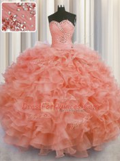 Floor Length Lace Up 15th Birthday Dress Watermelon Red for Military Ball and Sweet 16 and Quinceanera with Beading and Ruffles