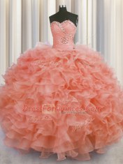 Floor Length Lace Up 15th Birthday Dress Watermelon Red for Military Ball and Sweet 16 and Quinceanera with Beading and Ruffles