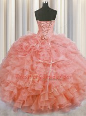 Floor Length Lace Up 15th Birthday Dress Watermelon Red for Military Ball and Sweet 16 and Quinceanera with Beading and Ruffles