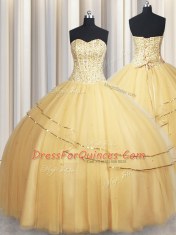 Fitting Visible Boning Big Puffy Beading and Ruching Vestidos de Quinceanera Champagne Lace Up Sleeveless Floor Length