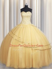 Fitting Visible Boning Big Puffy Beading and Ruching Vestidos de Quinceanera Champagne Lace Up Sleeveless Floor Length