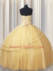 Fitting Visible Boning Big Puffy Beading and Ruching Vestidos de Quinceanera Champagne Lace Up Sleeveless Floor Length