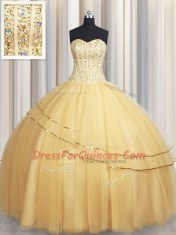 Fitting Visible Boning Big Puffy Beading and Ruching Vestidos de Quinceanera Champagne Lace Up Sleeveless Floor Length