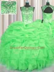 Luxury See Through Organza Scoop Sleeveless Lace Up Beading and Ruffles and Pick Ups Quinceanera Gown in