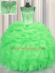 Luxury See Through Organza Scoop Sleeveless Lace Up Beading and Ruffles and Pick Ups Quinceanera Gown in