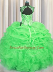 Luxury See Through Organza Scoop Sleeveless Lace Up Beading and Ruffles and Pick Ups Quinceanera Gown in