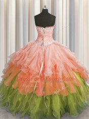 Multi-color Ball Gowns Organza Sweetheart Sleeveless Beading and Ruffles and Ruffled Layers and Sequins Floor Length Lace Up Quince Ball Gowns