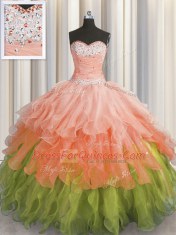 Multi-color Ball Gowns Organza Sweetheart Sleeveless Beading and Ruffles and Ruffled Layers and Sequins Floor Length Lace Up Quince Ball Gowns
