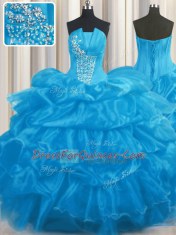 Baby Blue Strapless Lace Up Beading and Ruffles and Pick Ups Sweet 16 Dresses Sleeveless