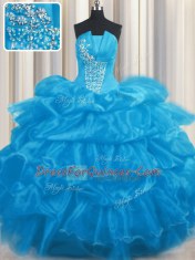 Baby Blue Strapless Lace Up Beading and Ruffles and Pick Ups Sweet 16 Dresses Sleeveless