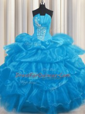 Baby Blue Strapless Lace Up Beading and Ruffles and Pick Ups Sweet 16 Dresses Sleeveless