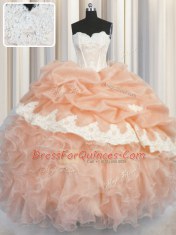 Perfect Sweetheart Sleeveless 15th Birthday Dress Floor Length Appliques and Ruffles and Pick Ups Peach Organza