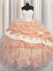 Perfect Sweetheart Sleeveless 15th Birthday Dress Floor Length Appliques and Ruffles and Pick Ups Peach Organza