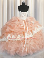Perfect Sweetheart Sleeveless 15th Birthday Dress Floor Length Appliques and Ruffles and Pick Ups Peach Organza
