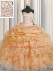 Elegant Gold Lace Up Sweetheart Beading and Ruffles Quinceanera Dress Organza Sleeveless