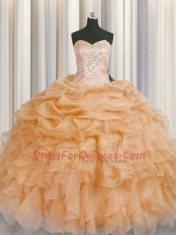 Elegant Gold Lace Up Sweetheart Beading and Ruffles Quinceanera Dress Organza Sleeveless