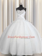 High Class Spaghetti Straps Floor Length Lace Up Sweet 16 Quinceanera Dress White for Military Ball and Sweet 16 and Quinceanera with Beading and Ruching